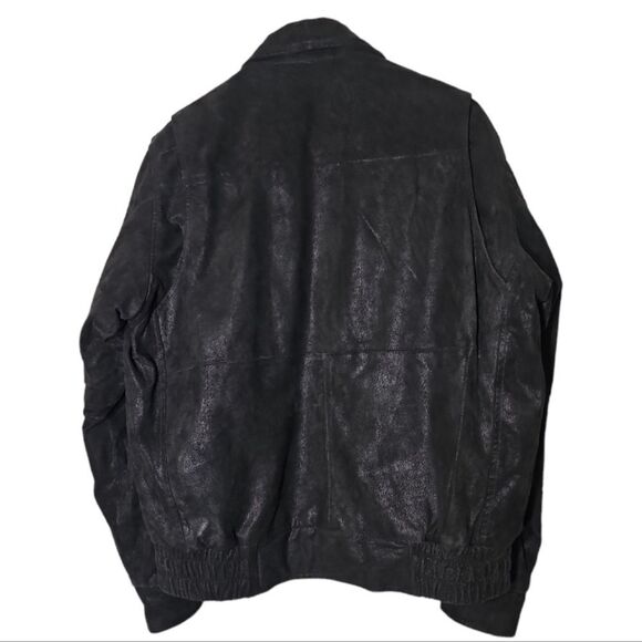 Burks Bay Black Leather Bomber Jacket with American Flag Patch Size Large - Picture 2 of 14